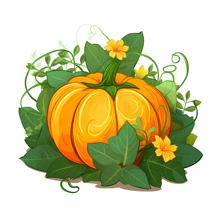 Orange Pumpkin with Green Leaves and Vines