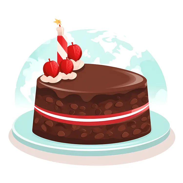 Chocolate Cake with Candle and Cherries for Birthday Celebration