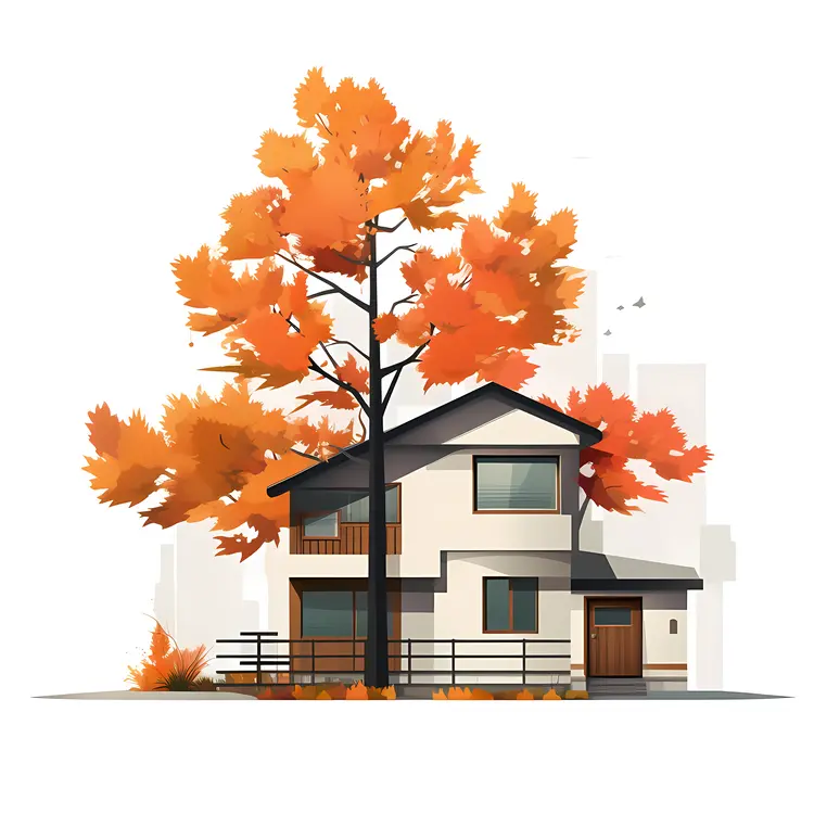 Small house with autumn tree