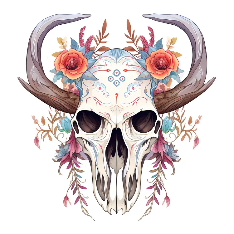 Colorful Skull with Flowers and Antlers
