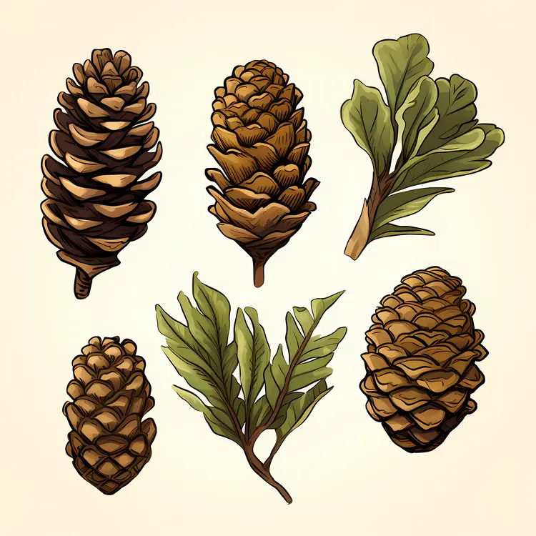 Pine Cones and Leaves Illustration