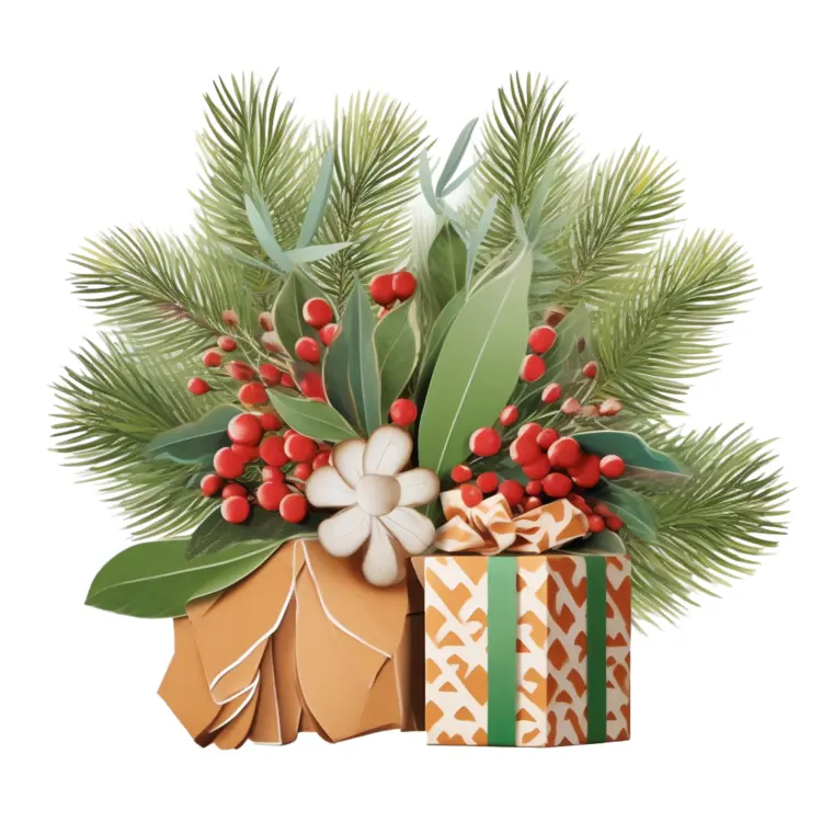 Beautifully Wrapped Gift Boxes with Berries and Pine Leaves