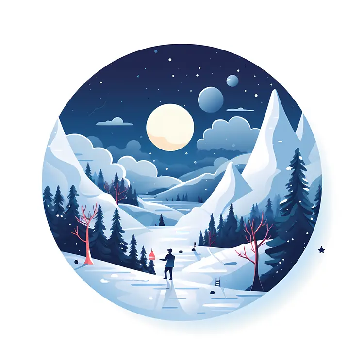 Winter Night Landscape with Mountains