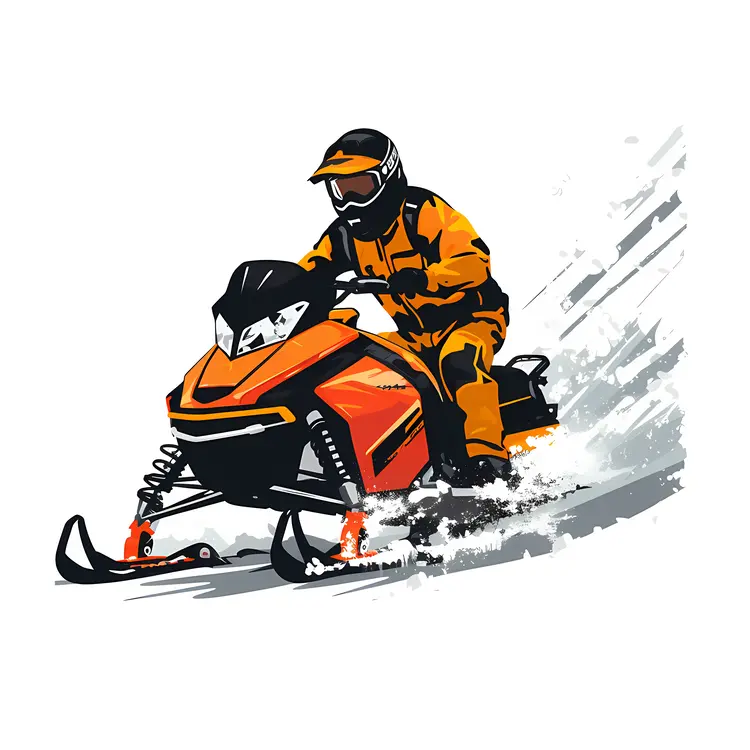 Snowmobile in Orange Speeding Through Snow