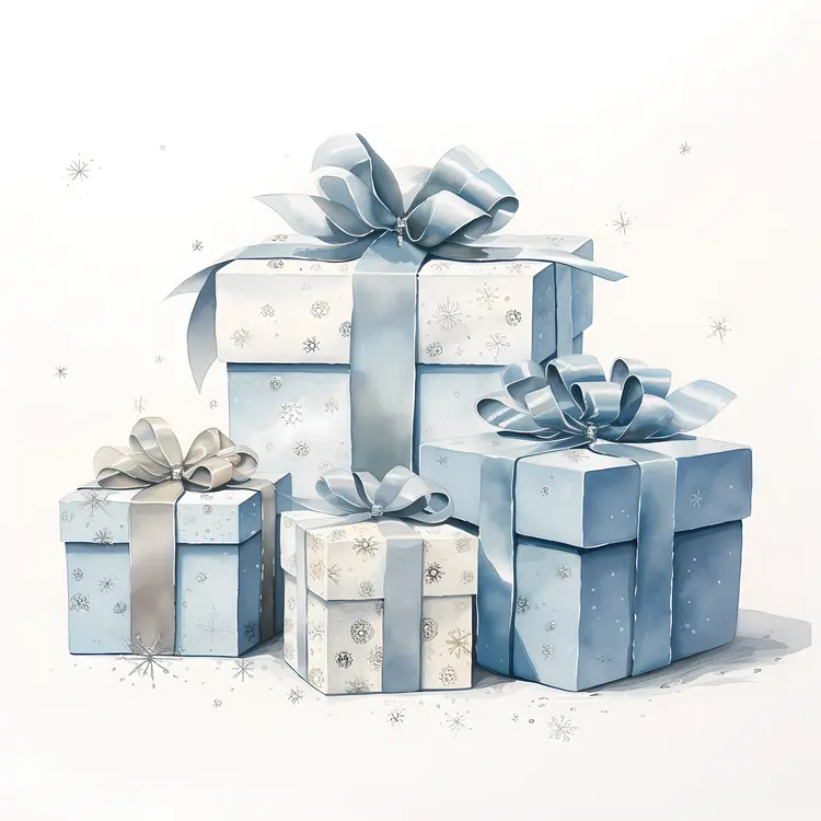 Blue Gift Boxes with Silver Ribbons and Snowflakes