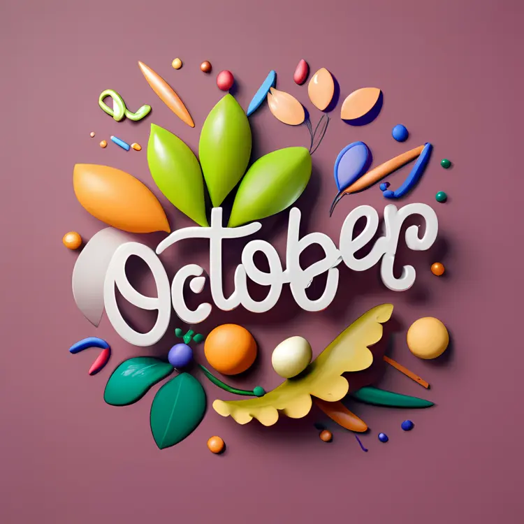 Colorful October Text with Leaves and Shapes
