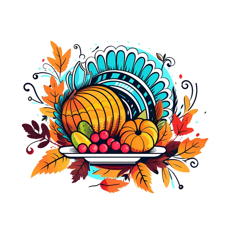 Colorful Thanksgiving Illustration with Turkey and Fruits