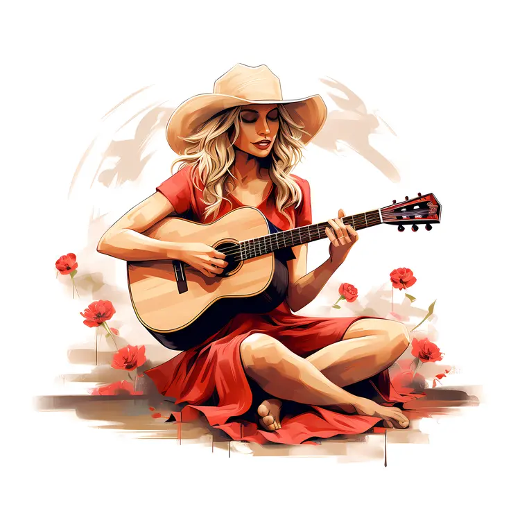 Woman Playing Guitar with Hat