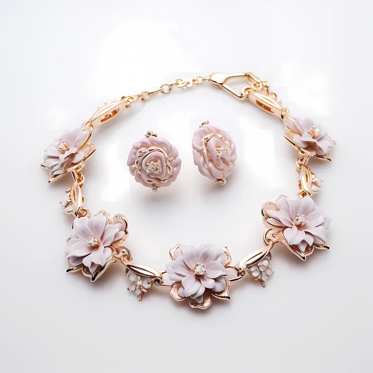 Elegant Pink Flower Necklace and Earrings Set