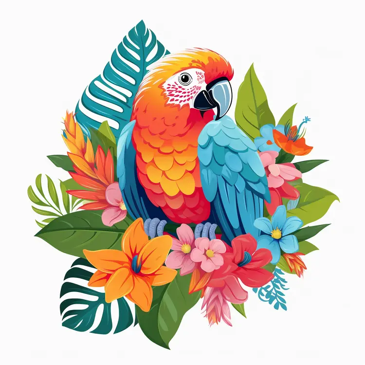 Colorful Parrot with Tropical Flowers