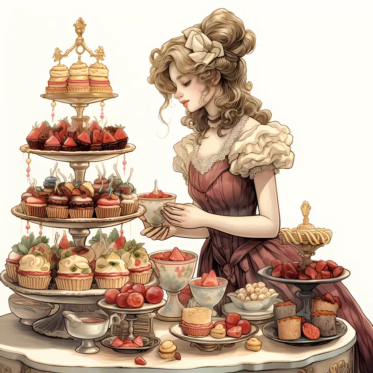 Woman with a Table Full of Desserts