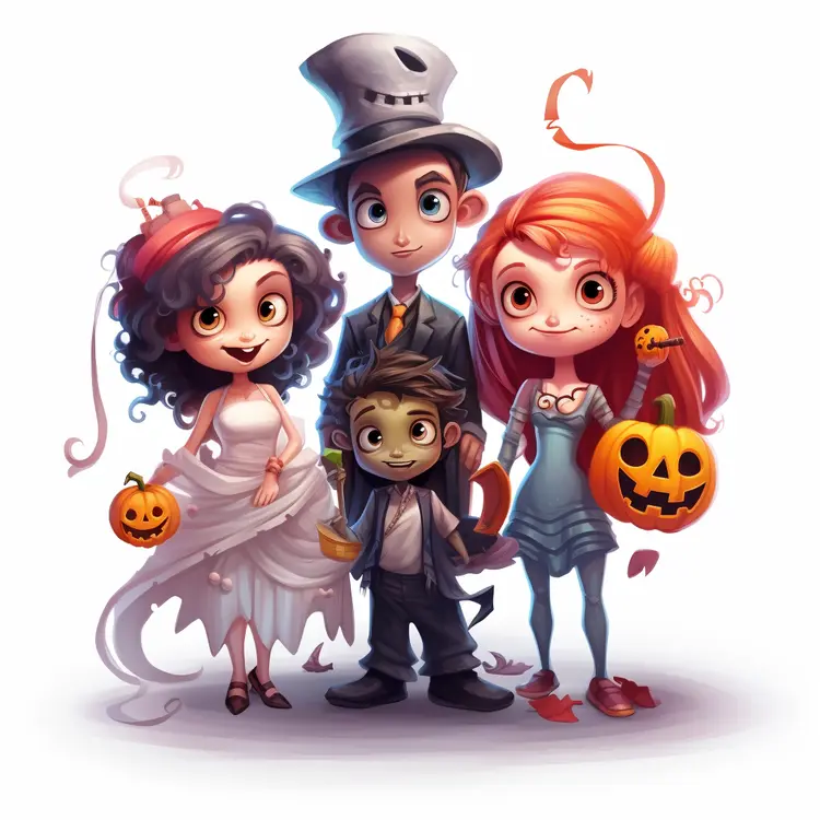 Family in Halloween Costumes with Pumpkins