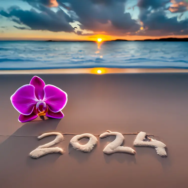 2024 Written in Sand with Orchid on Beach