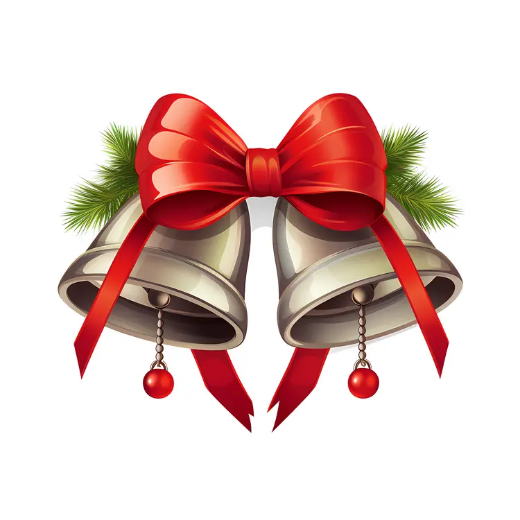 Festive Christmas Bells with Red Ribbon and Pine