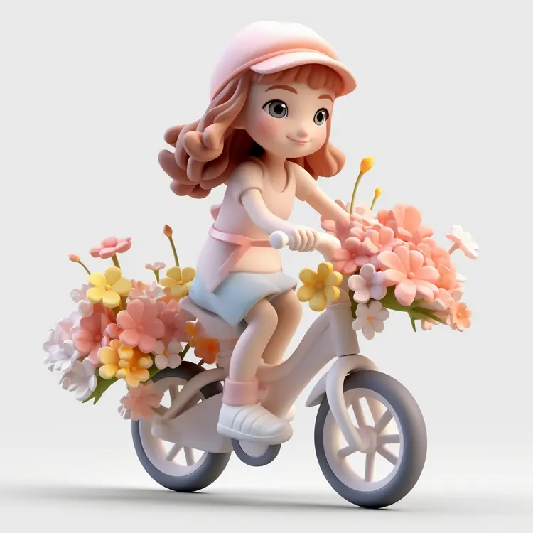 Cute Girl on Bicycle with Flowers