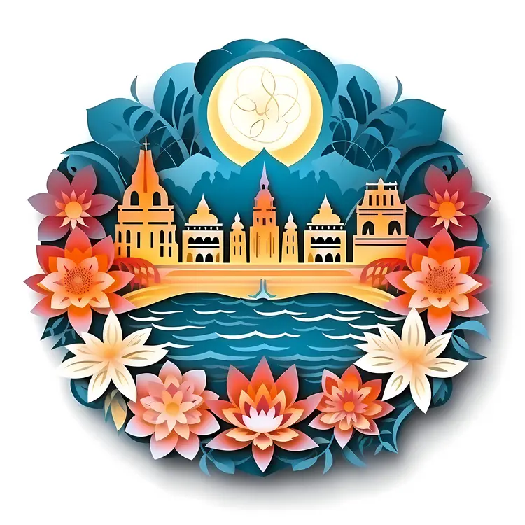Colorful Paper Flowers with Cityscape and Moon