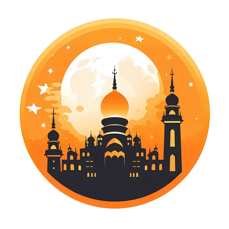 Orange Mosque with Full Moon and Stars