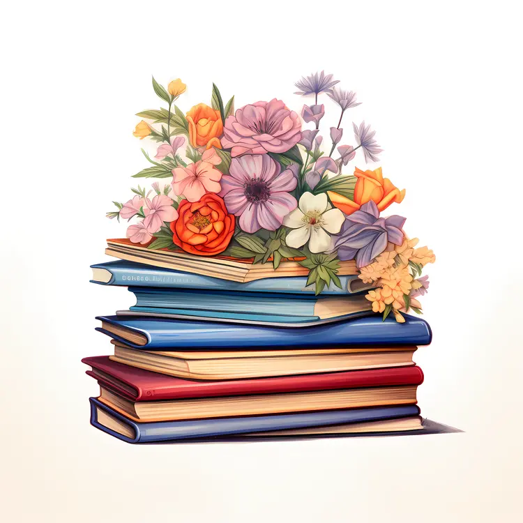 Beautiful Stack of Books with Flowers