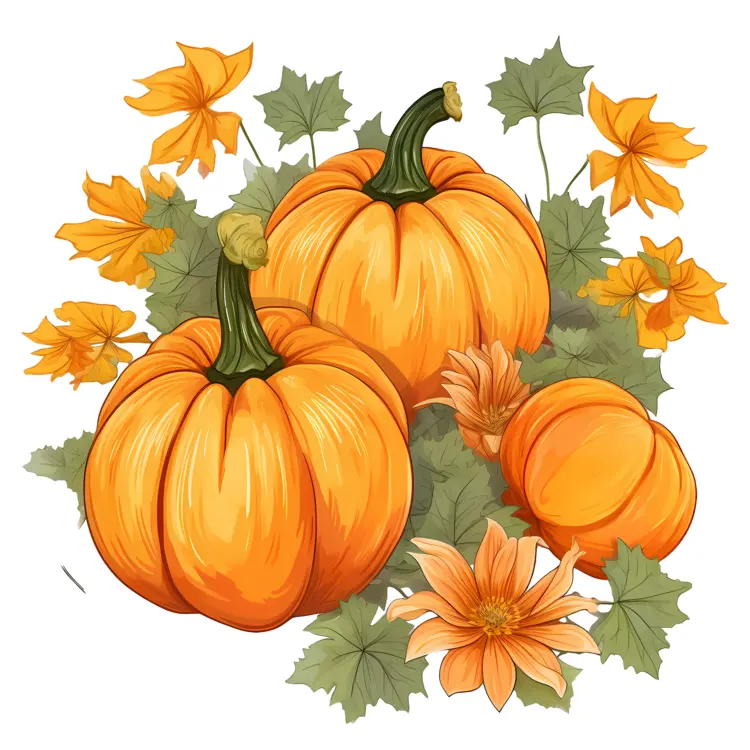 Pumpkins with Leaves and Flowers