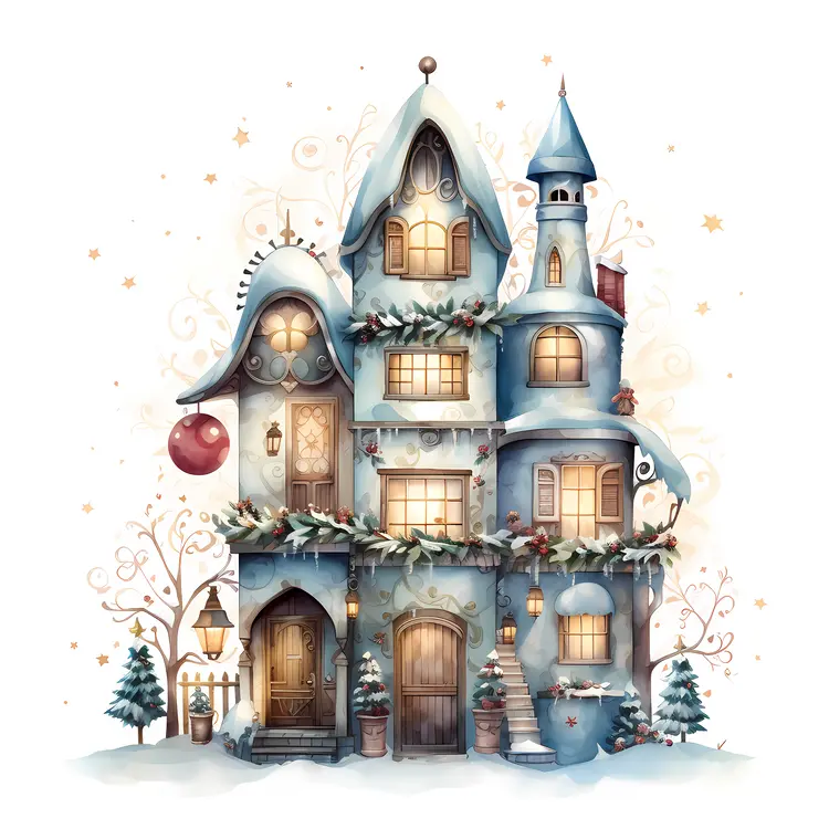 Snowy House with Christmas Decorations