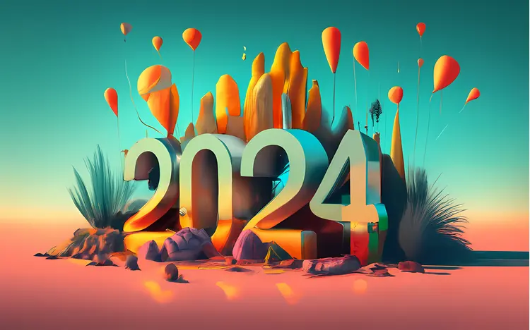 2024 with Colorful Balloons and Mountains