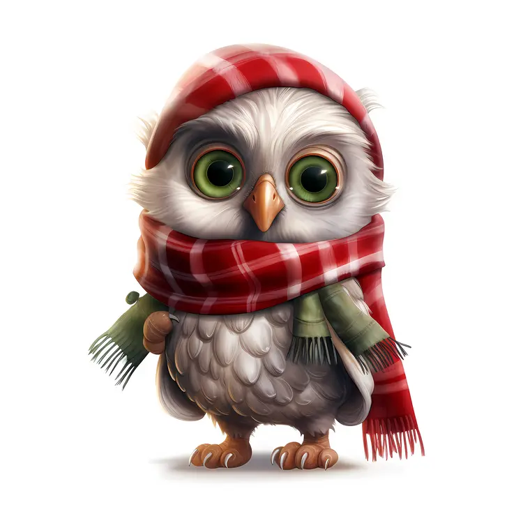 Endearing Owl with Red and White Scarf