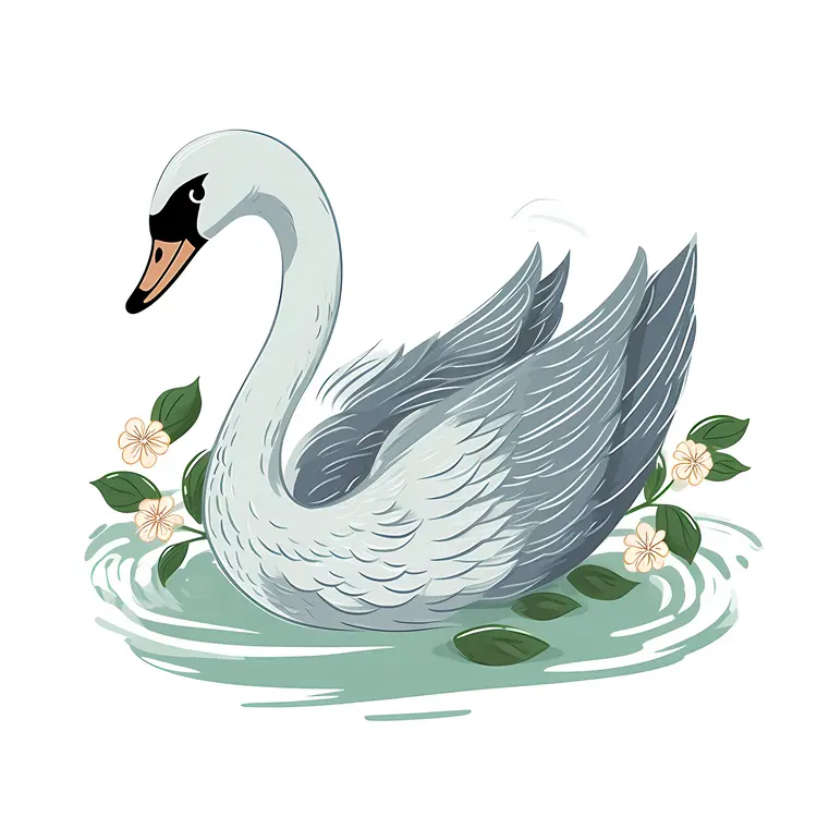 Graceful Swan in Water with Flowers
