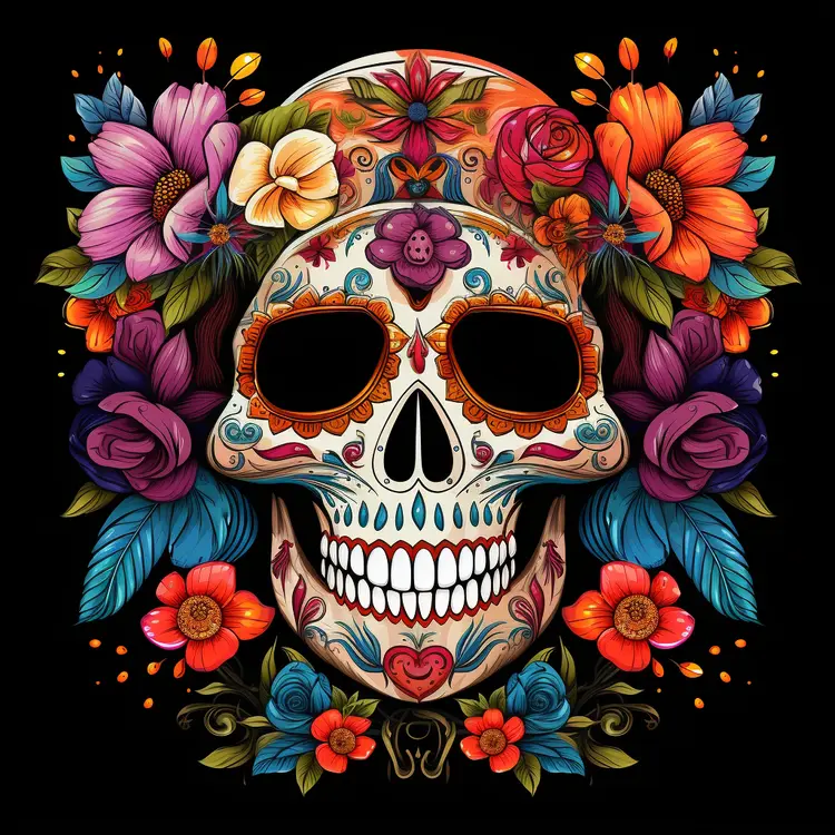 Colorful Sugar Skull with Flowers for Day of the Dead Celebration