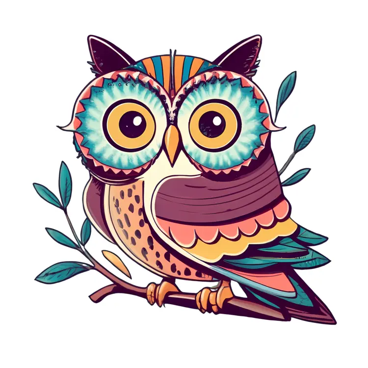 Colorful Owl on Branch with Leaves