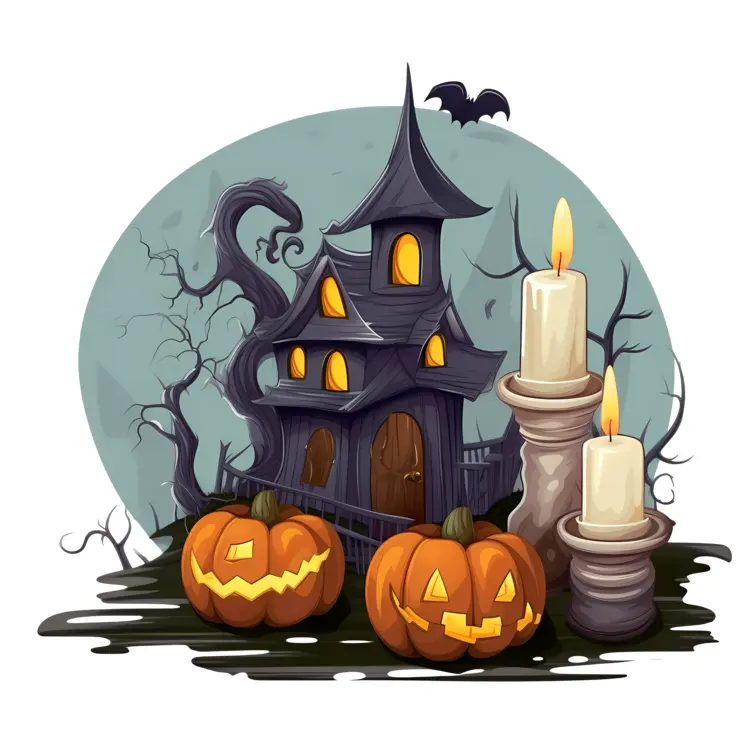 Haunted House with Jack-o'-Lanterns and Candles