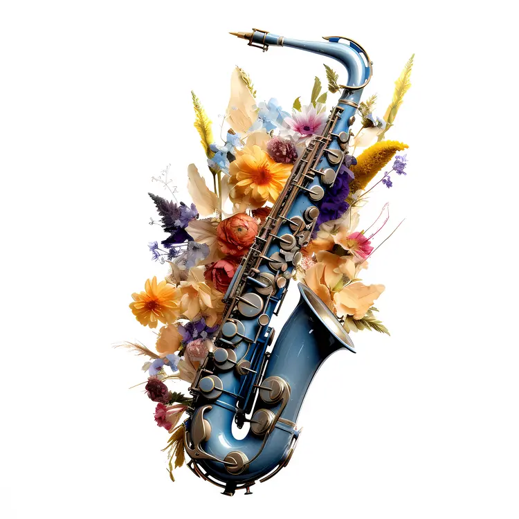 Blue Saxophone with Colorful Flowers