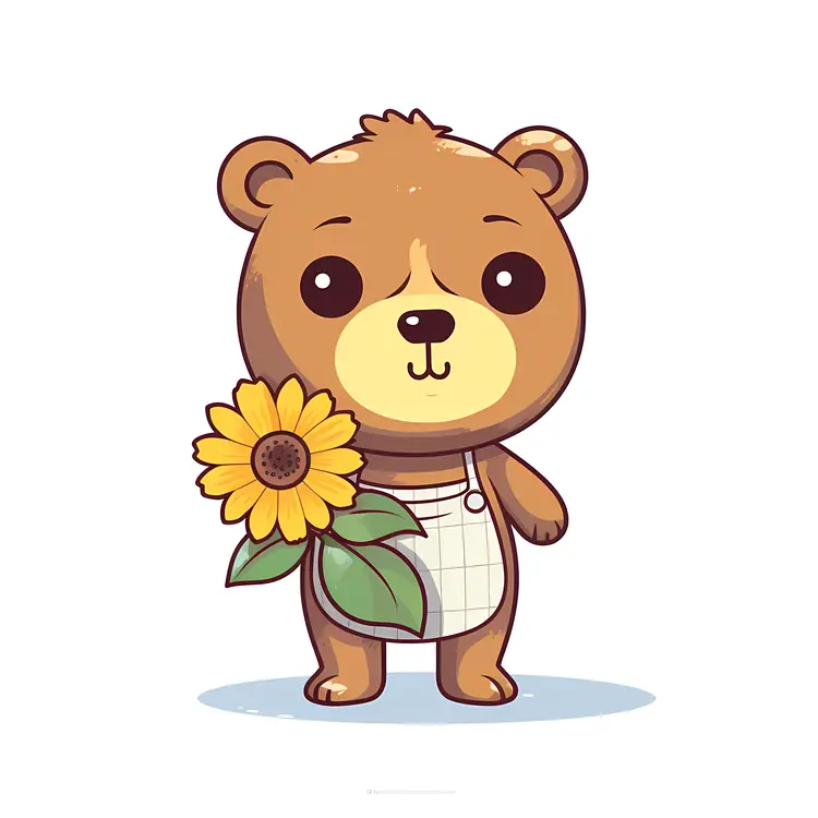Cute Cartoon Bear Holding a Sunflower