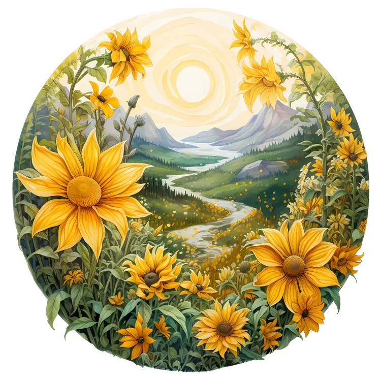 Beautiful Sunflowers in Mountain Landscape
