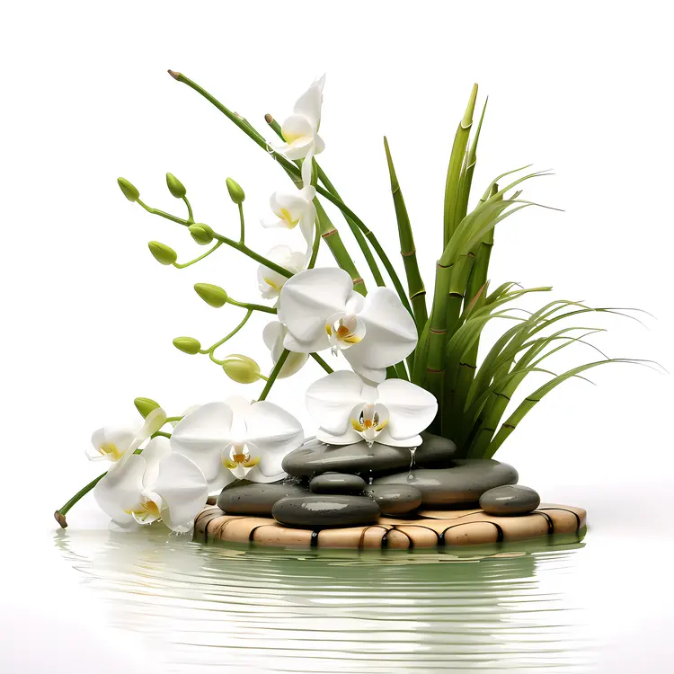 White Orchids and Stones in Zen Arrangement