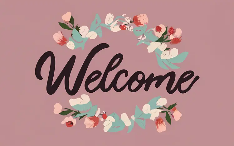 Welcome Text with Flowers on Pink Background