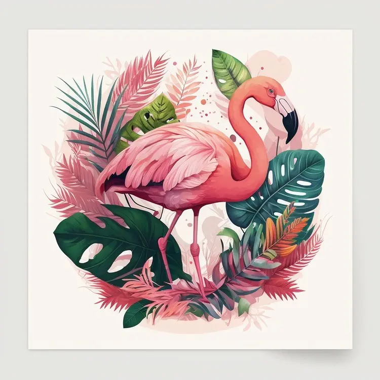 Beautiful Pink Flamingo with Tropical Leaves