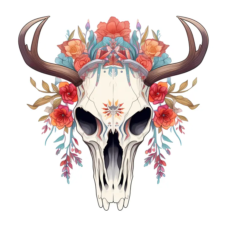 Floral Skull with Horns