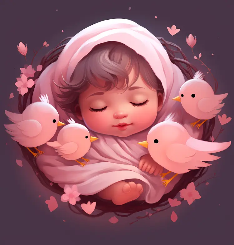 Sleeping Baby with Four Pink Birds and Flowers