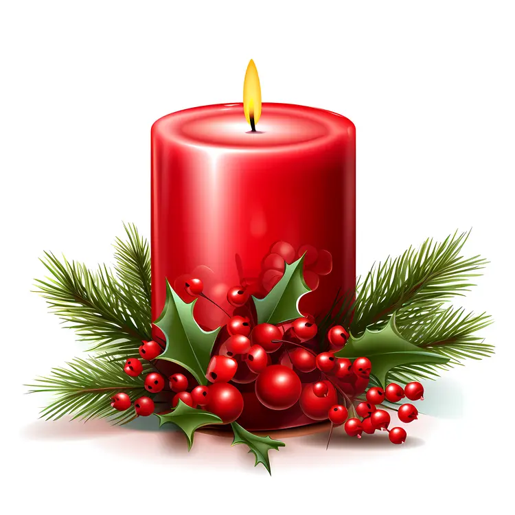 Red Candle with Holly and Berries