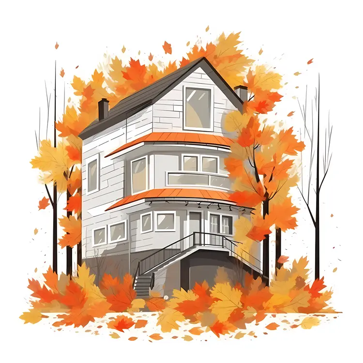 Small cute doodle house with autumn trees