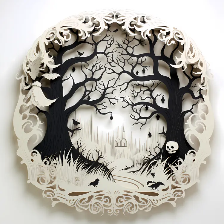 Spooky Halloween Scene with Trees and Skull