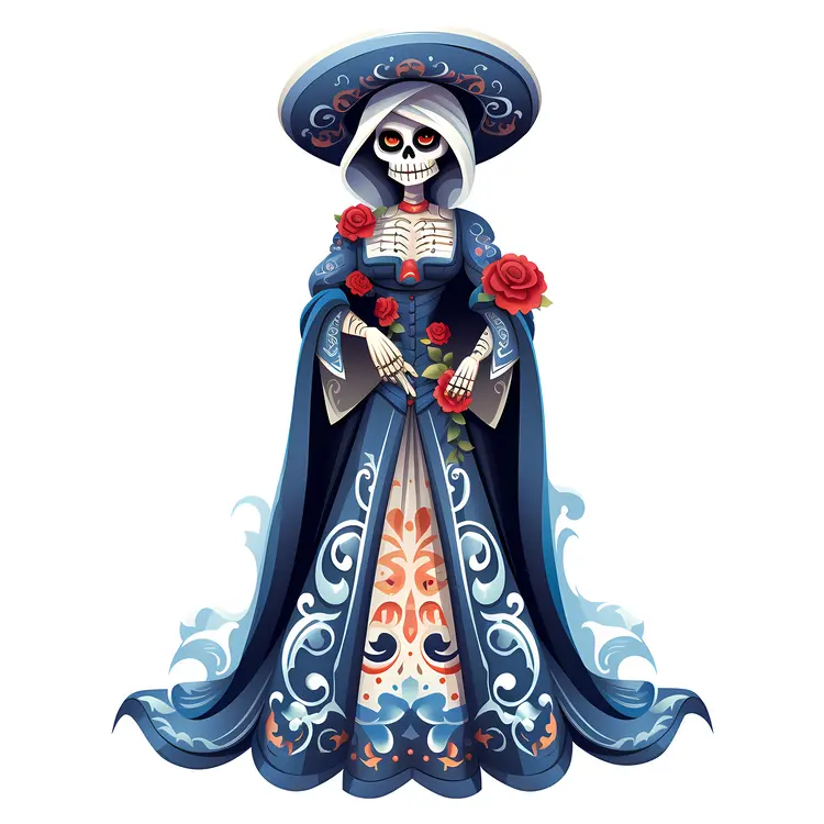 Elegant Skeleton Lady in Blue Dress
