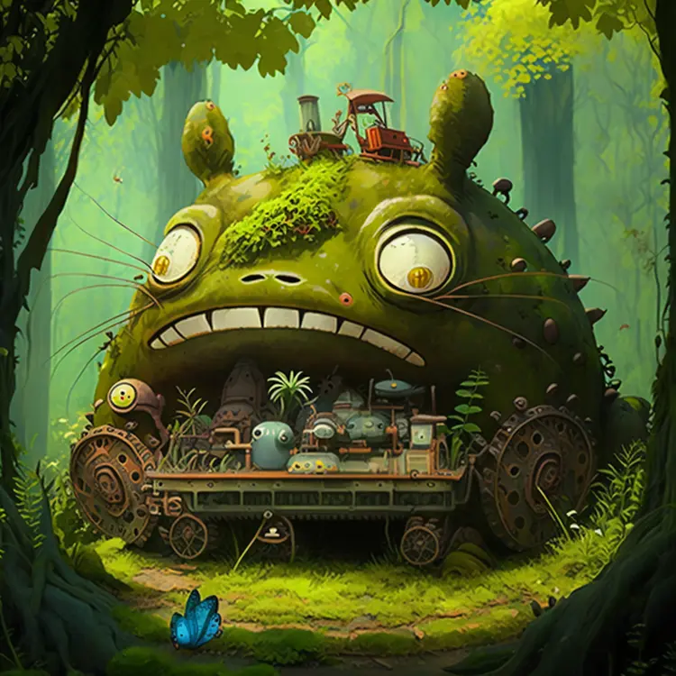 Whimsical Totoro-like Vehicle in Enchanted Forest