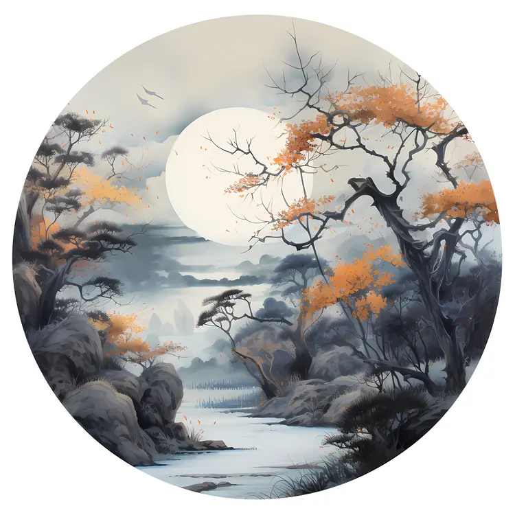Autumn River and Moon Landscape