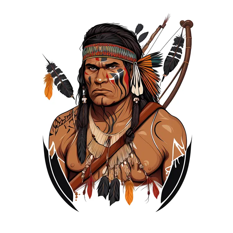 Native American Warrior with Bow and Feathers
