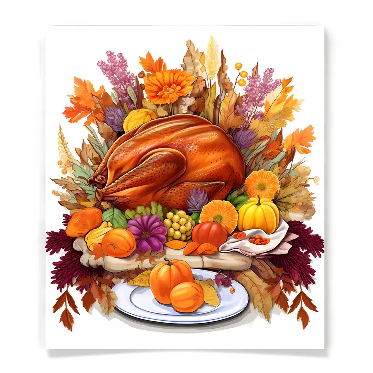 Thanksgiving Turkey with Pumpkins and Autumn Leaves