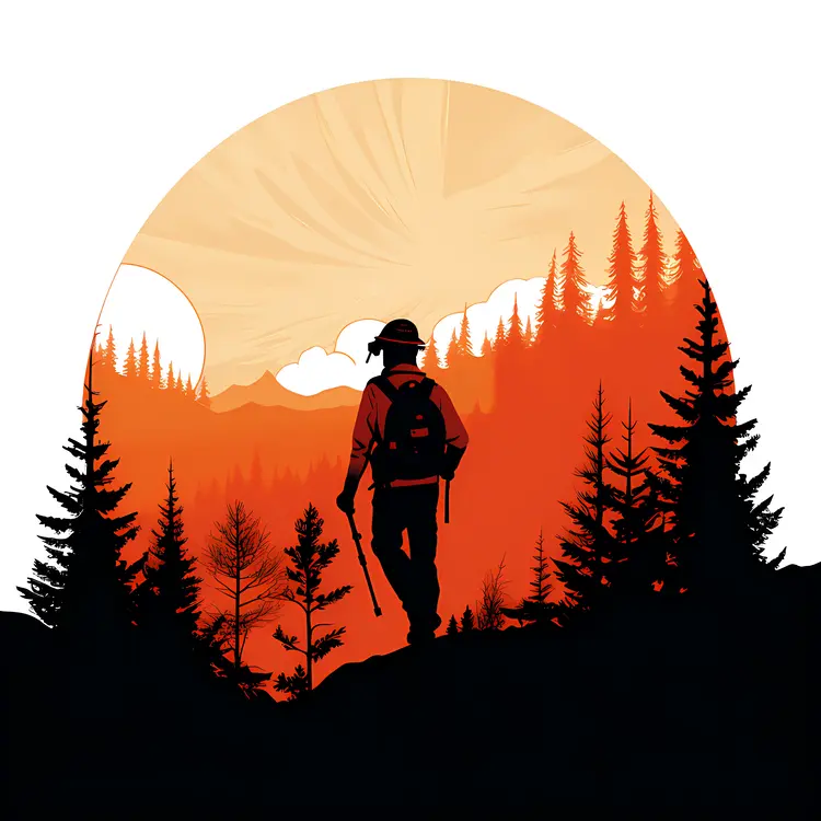 Firefighter Silhouette in Forest Fire