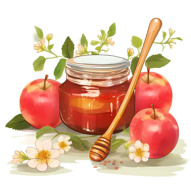 Honey Jar with Apples and Flowers Illustration