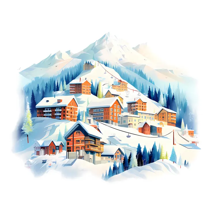 Snowy Mountain Village with Cabins