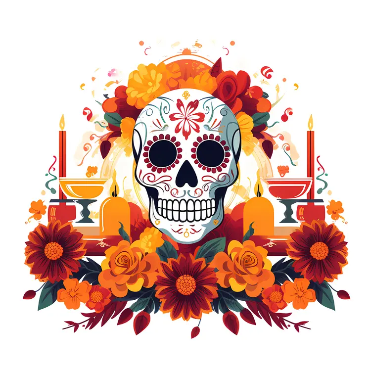 Skull with Candles and Floral Decorations for Day of the Dead